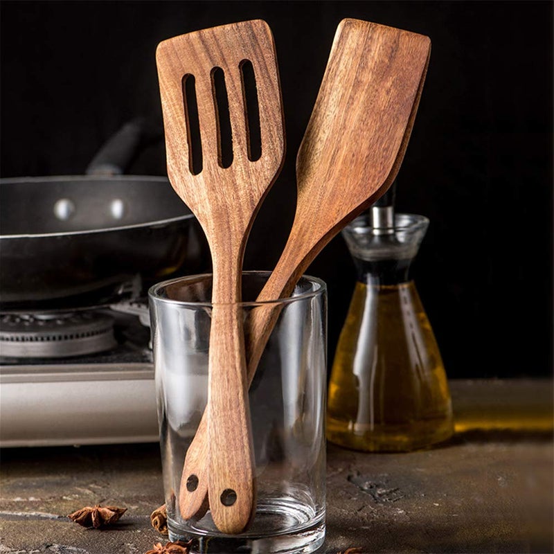 Renawe 5 Pcs Best Wooden Spoons for Cooking Kitchen Utensils Set Acacia Wood Cooking Spatula Turner Non Toxic Utensil Slotted Serving Spoon Flat Spatulas Set Wooden Utensis Mixing Cooking Spoon Kitchen Tools - Image 4